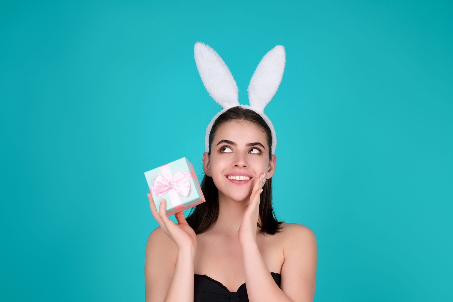 Woman With Bunny Ears And Easter Eggs. Easter Bunny Isolated On