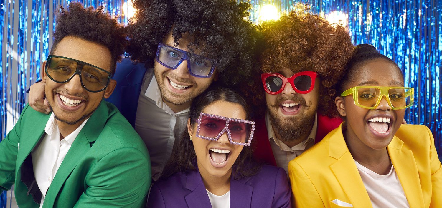 Happy Cheerful Multiracial People In Colorful Suits, Disco Glass